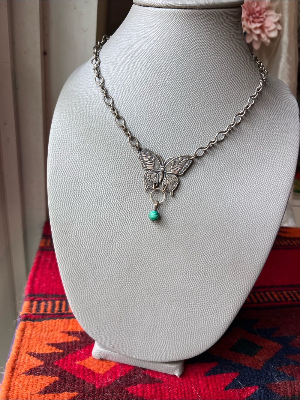 Whimsy goth Silver Butterfly Necklace with Green Stone Accent - Picture 6 of 9